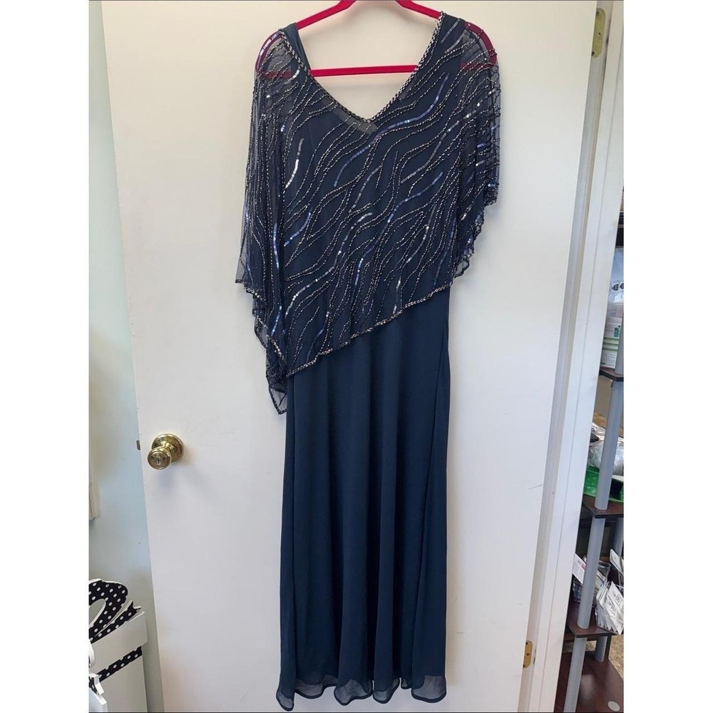 J Kara Navy Beaded Overlay Evening Gown